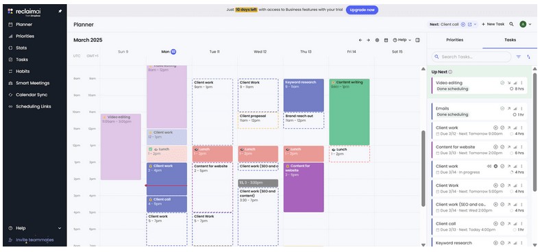 Reclaim.ai smart scheduling dashboard showing automated focus time
